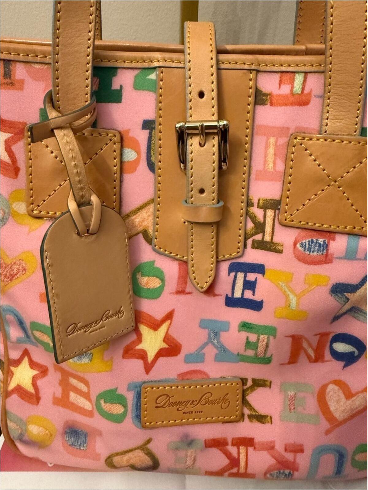 Dooney & Bourke Pink Multicolor Logo Star Canvas Tote W Coa Tan Vachetta Leather